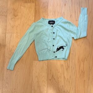 Collectif Women's Light mint Green Cardigan with Cat Design